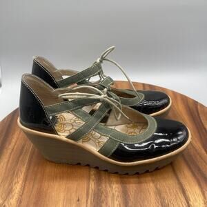 FLY London Yett Tie Sandals Womens 8 / 39 Patent Leather Wedges Heels Shoes